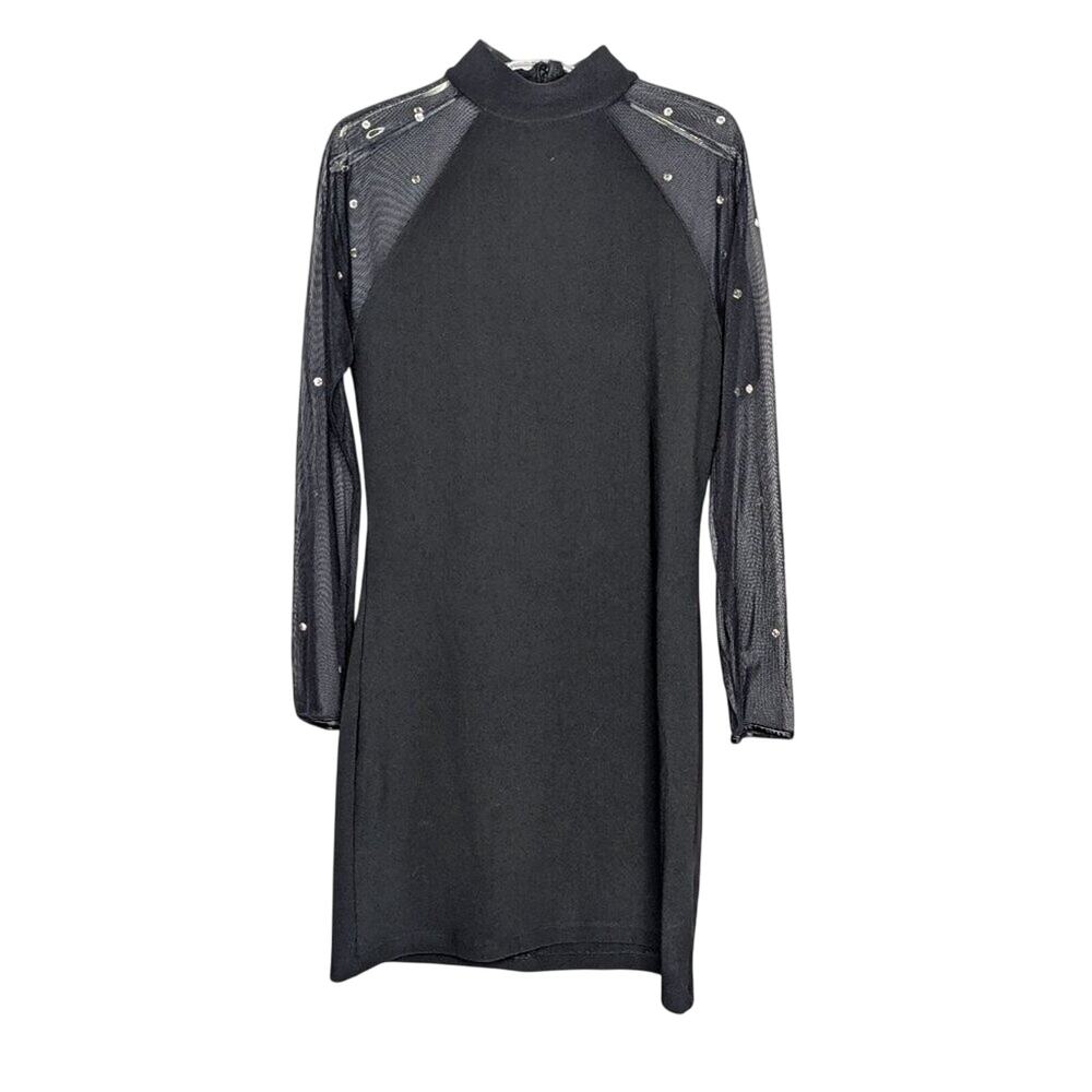 Carabella Vintage 90's Black Long Mesh Sleeve Mini Dress Bodycon Rhinestones